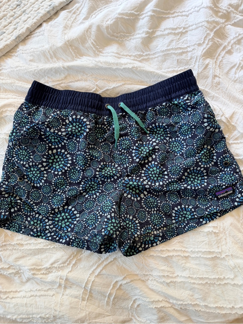 Patagonia Navy Blue Printed Girls XXL Swim Shorts with Teal Accents